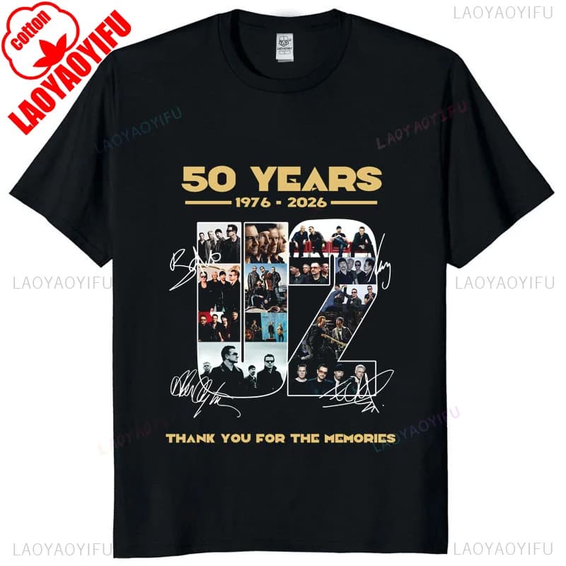 U2 Band 50 Anniversaire Graphique Tee Unisexe 1976-2026 Vintage Rock Tribute Signatures T-Shirt Déco