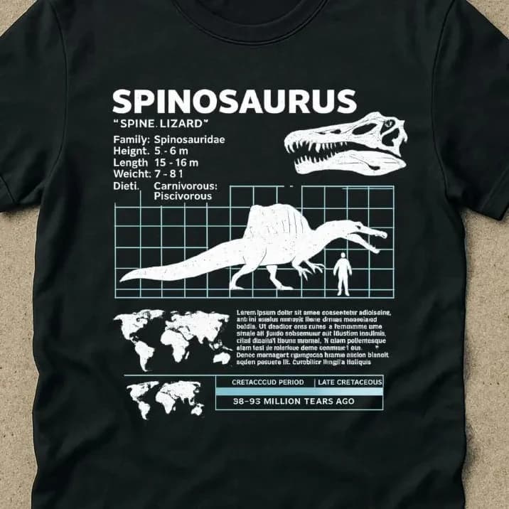 T-shirts avec fiches techniques Spinosaurus, T-shirts graphiques rétro des années 90, T-shirts vinta
