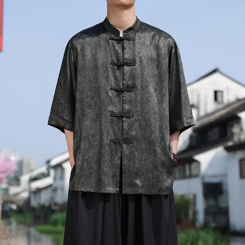Chemise surdimensionnée à manches 3/4 pour hommes, Style chinois, coupe ample, haut d'été décontract