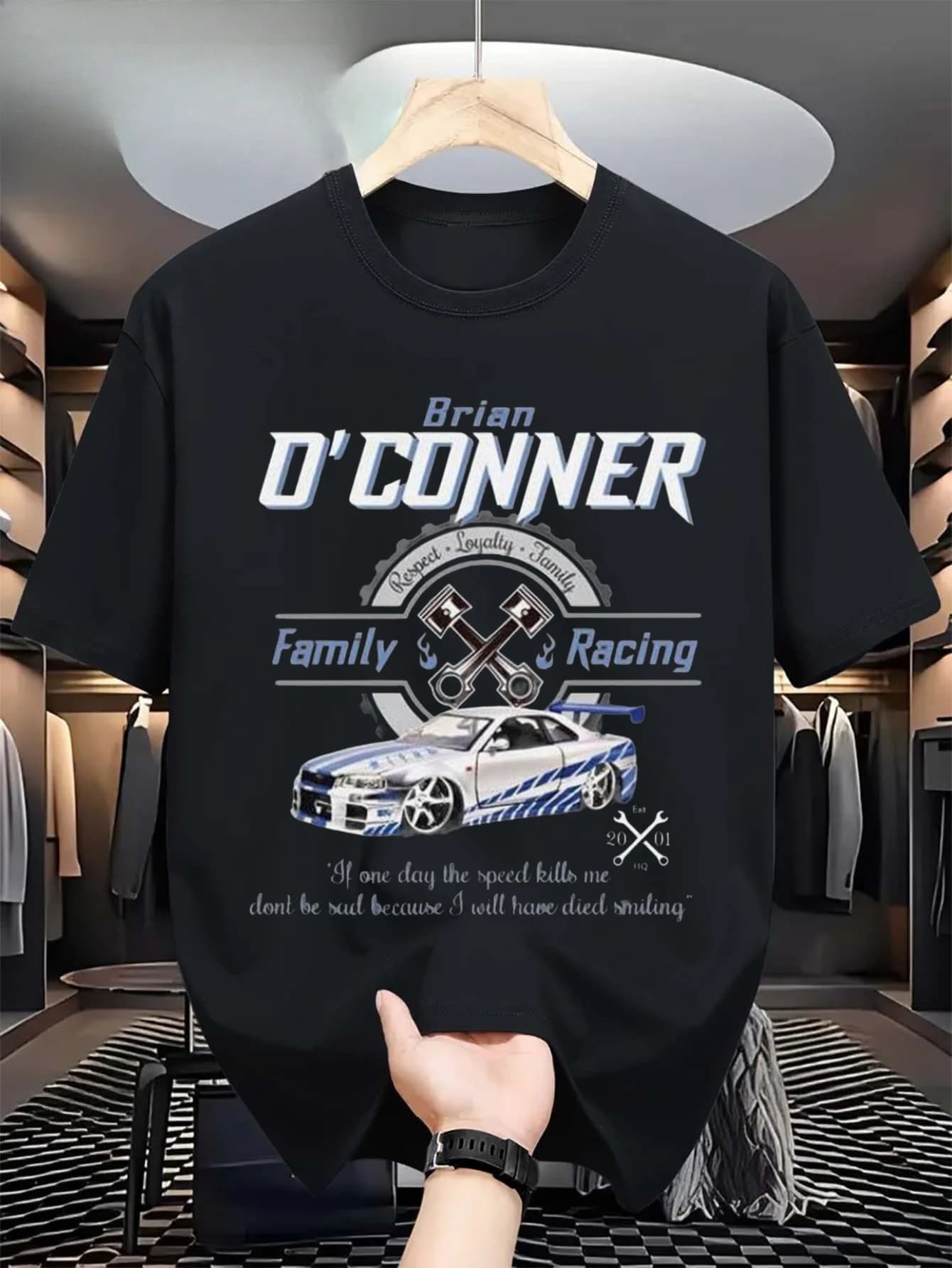T-shirt commémoratif Brian O'Connor Family Racing - Avec logo de film classique et design de course