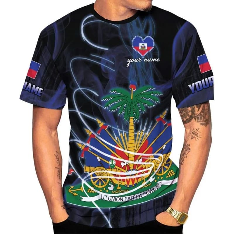 T-shirt pour homme avec motif emblème national d'Haïti, t-shirts imprimés 3D personnalisés, t-shirts