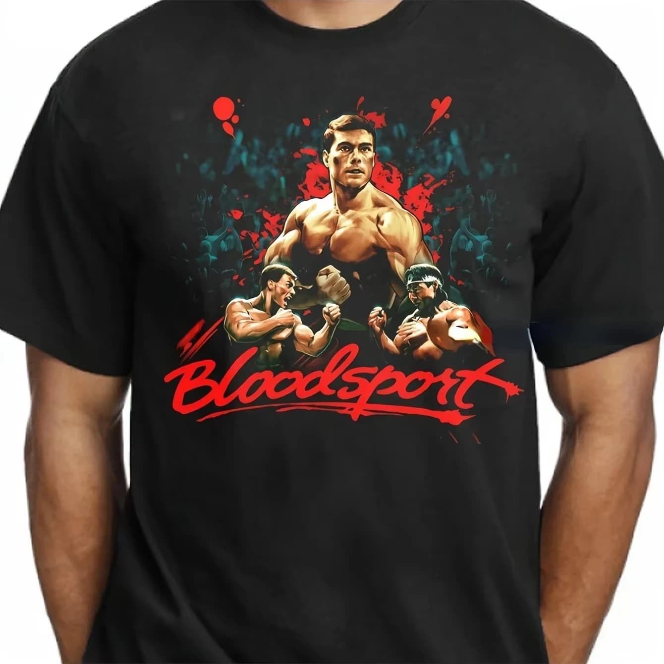 T-shirt noir pour hommes avec des thèmes d'arts martiaux et de sanglants récents du film de 1988 de