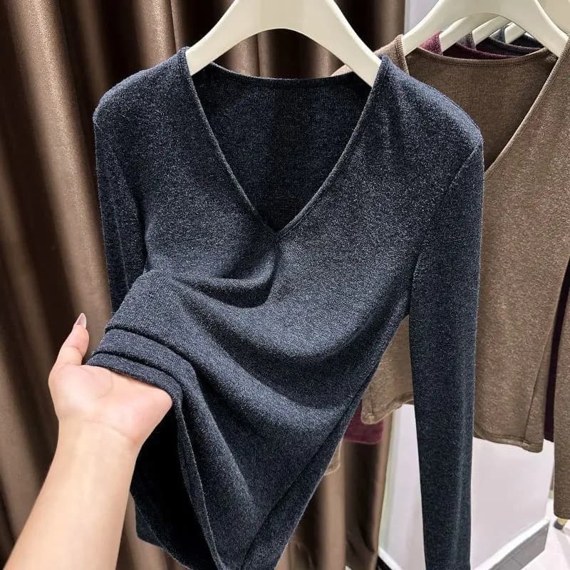 Femmes vêtements col en V à manches longues simplicité tempérament hauts t-shirts automne hiver tout
