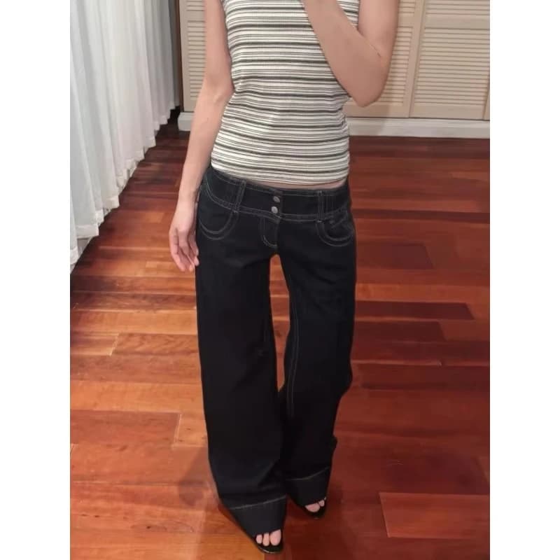 Jean rétro américain taille basse à jambes larges pour femmes, pantalon ample drapé, grande longueur