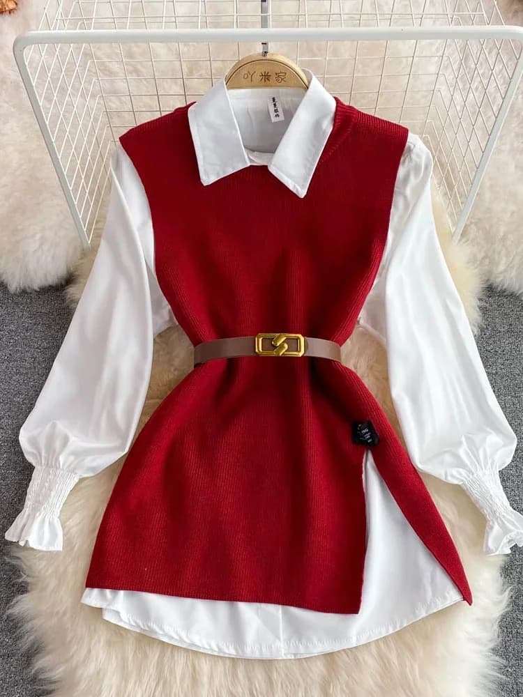 Ensemble 2 pièces Chic pour femmes, chemise blanche à manches longues, pull coupe ample, gilet en tr