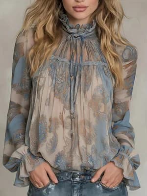 Nouvelle Collection Printemps 2026 : Blouse en Chiffon Imprimé Paisley Rétro avec Col Montant à Vola