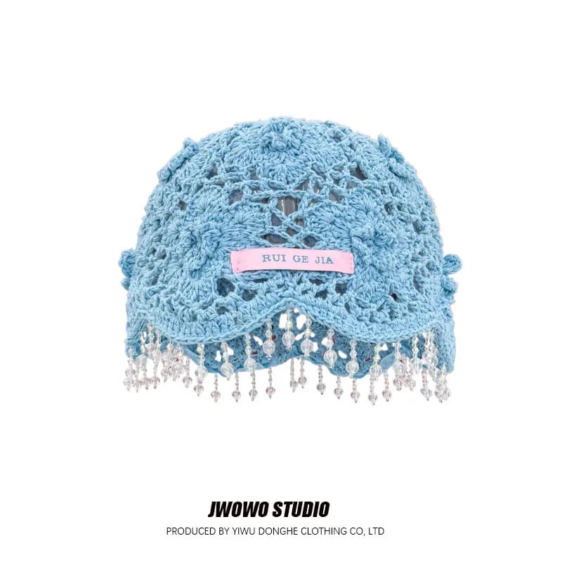 Casquette à pampilles perlées de style bohème pour femmes, pull d'été ajouré fin tricoté à la main,