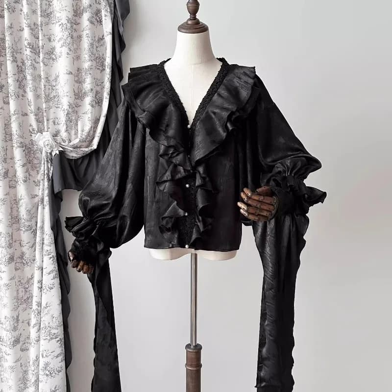 Vintage élégant Lolita chemises femmes victorien gothique col en v volants à manches longues Blouses