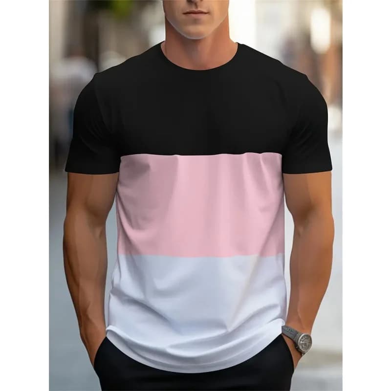 T-shirt à motif de rayures colorées pour hommes, bloc de couleur imprimé en 3D, décontracté, manches