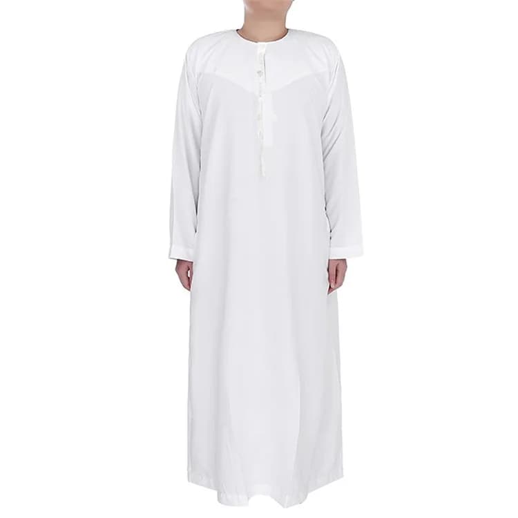 Mode musulmane hommes Jubba Thobe à manches longues couleur blanche col rond islamique arabe caftan