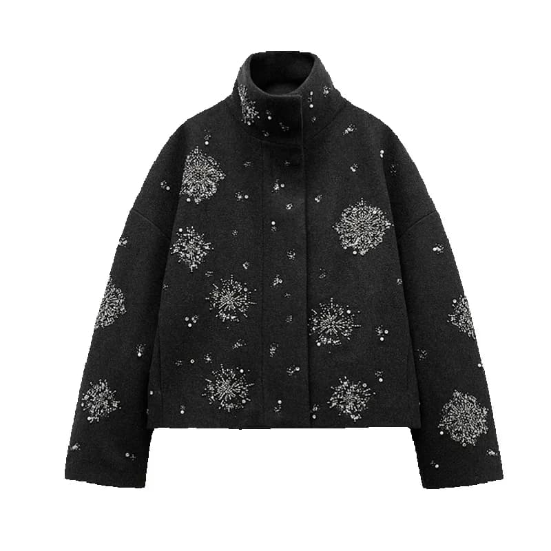 Manteau en laine à fleurs perlées pour femmes, col montant, paillettes grises, pardessus court, vest