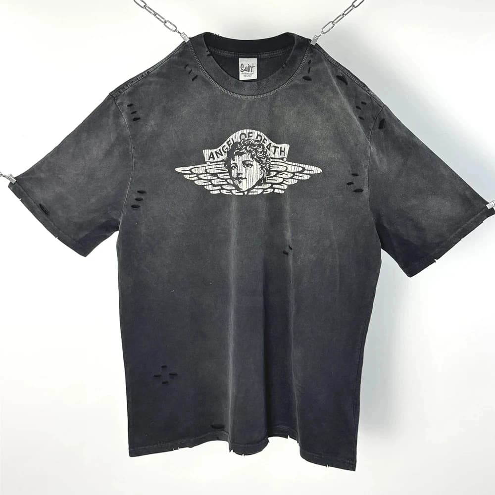 Vintage petit ange trou Saint manches longues lavé t-shirt hommes femmes haute qualité t-shirt hauts