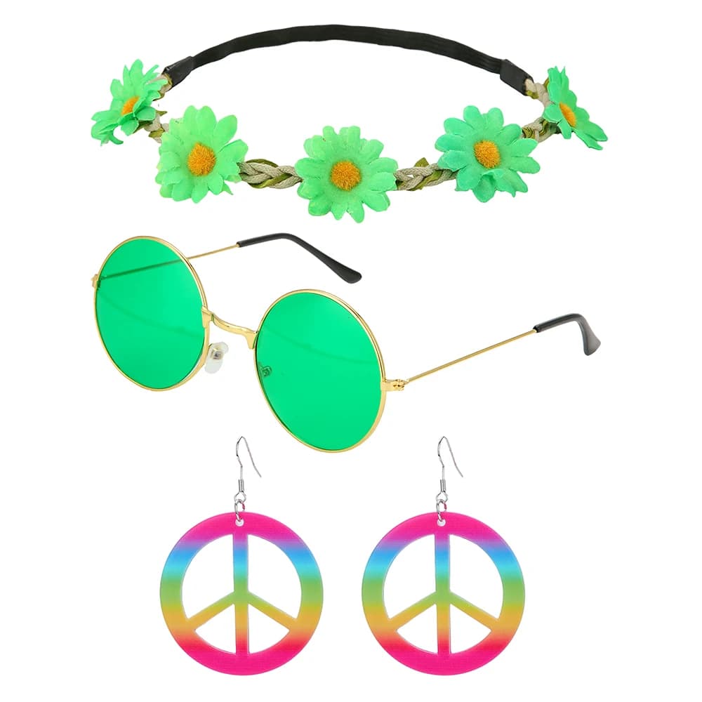 Kit d'accessoires hippie années 60-70 : Bandeau fleuri, lunettes rouges, boucles d'oreilles Peace po