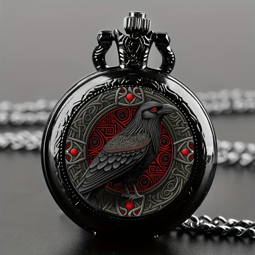 Montre de poche Black Raven au design gothique avec boîtier et bracelet en alliage de collier, mouve
