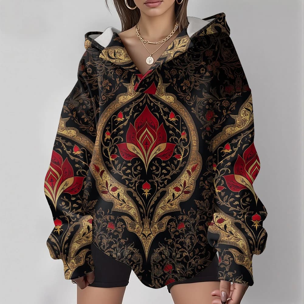 Sweat à capuche Boho maximaliste pour femme, rétro, coupe ample, col en v, avec luxueux totem floral