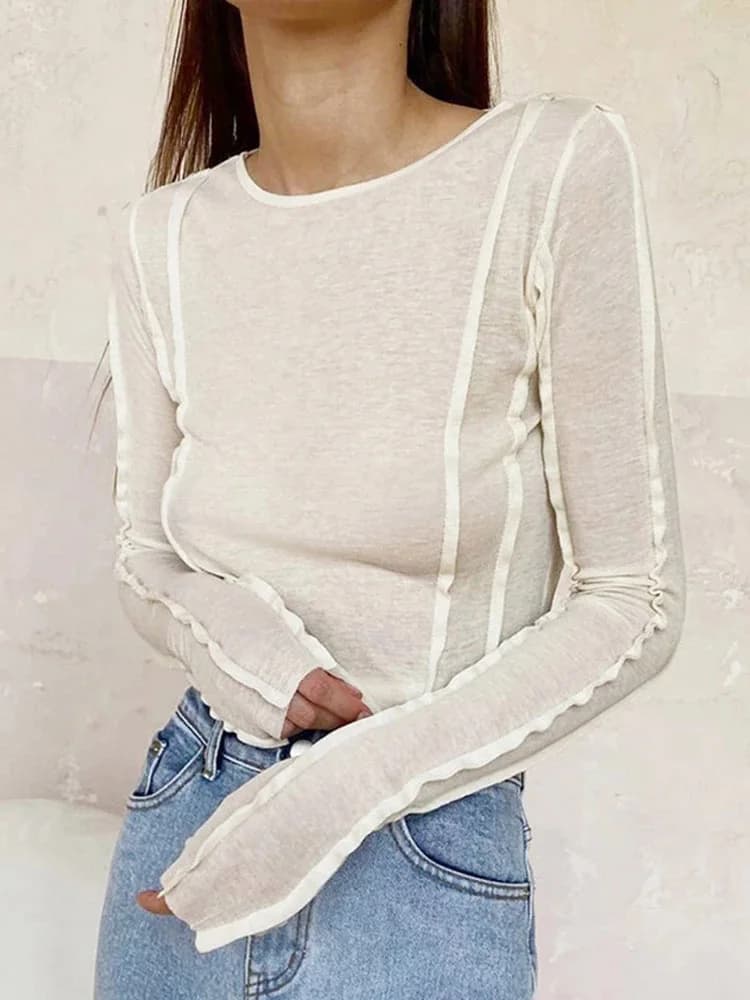 T-shirt manches longues col rond femme, blanc, jaune, élégant, décontracté, slim, élastique, solide,