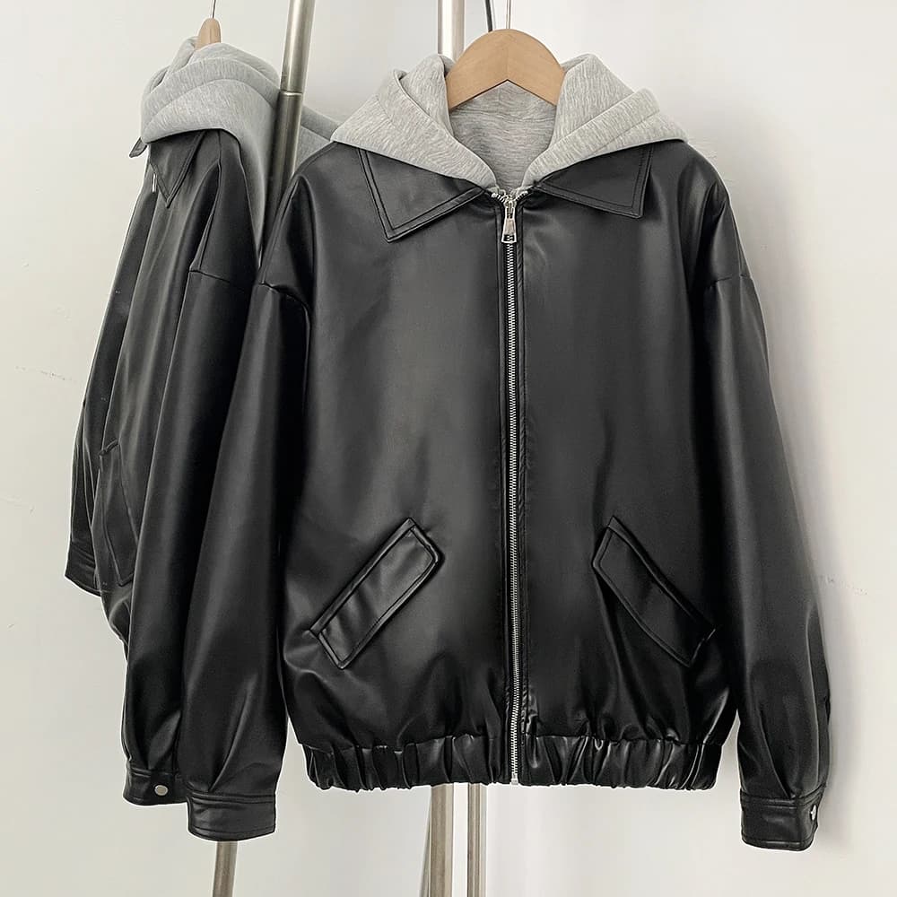 OFTBUY Nouvelle veste bomber en similicuir pour femme avec capuche amovible, design color block, fer