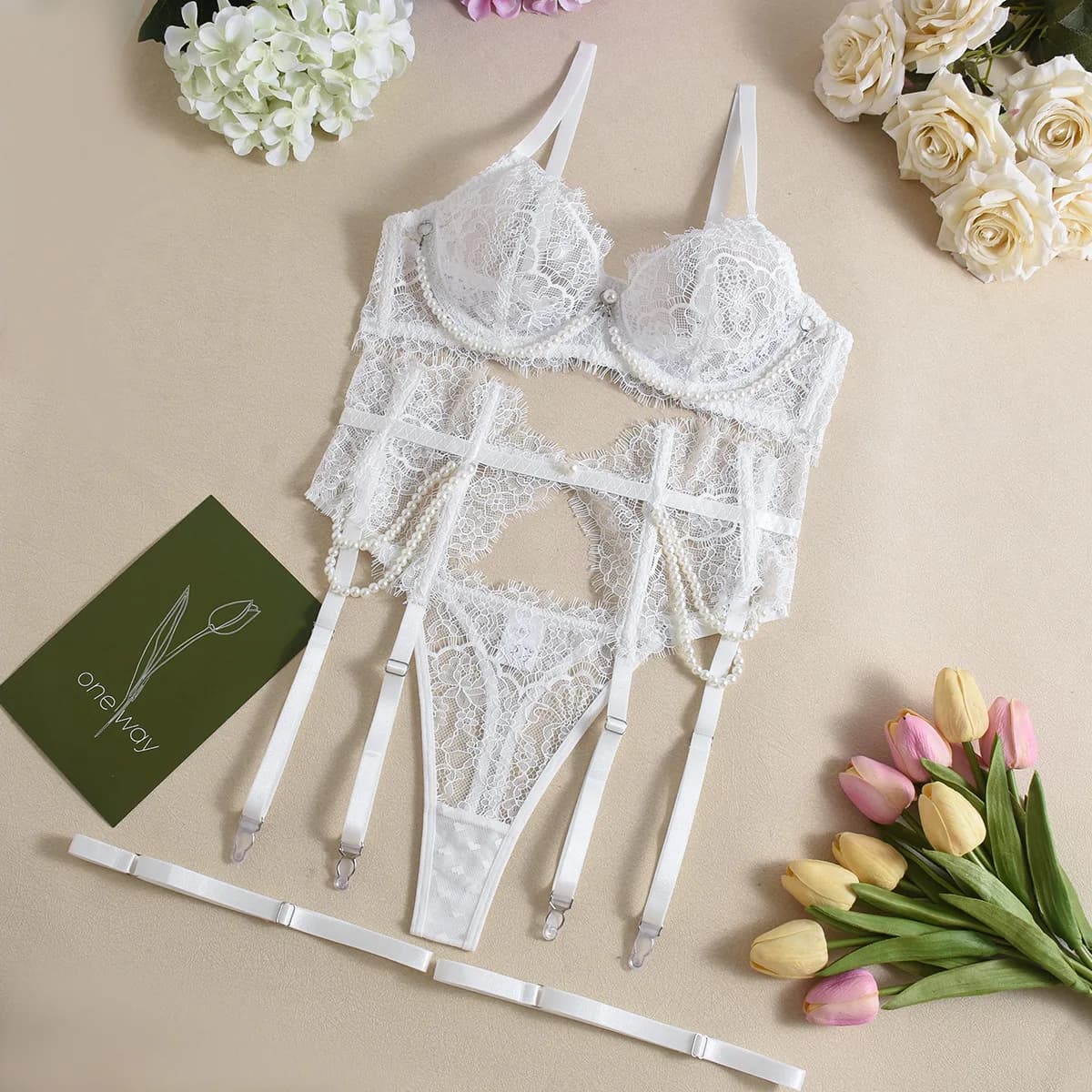 Ensembles de Lingerie Saint-Valentin Sexy et Élégants avec Décorations de Perles, Soutien-Gorge, Cei