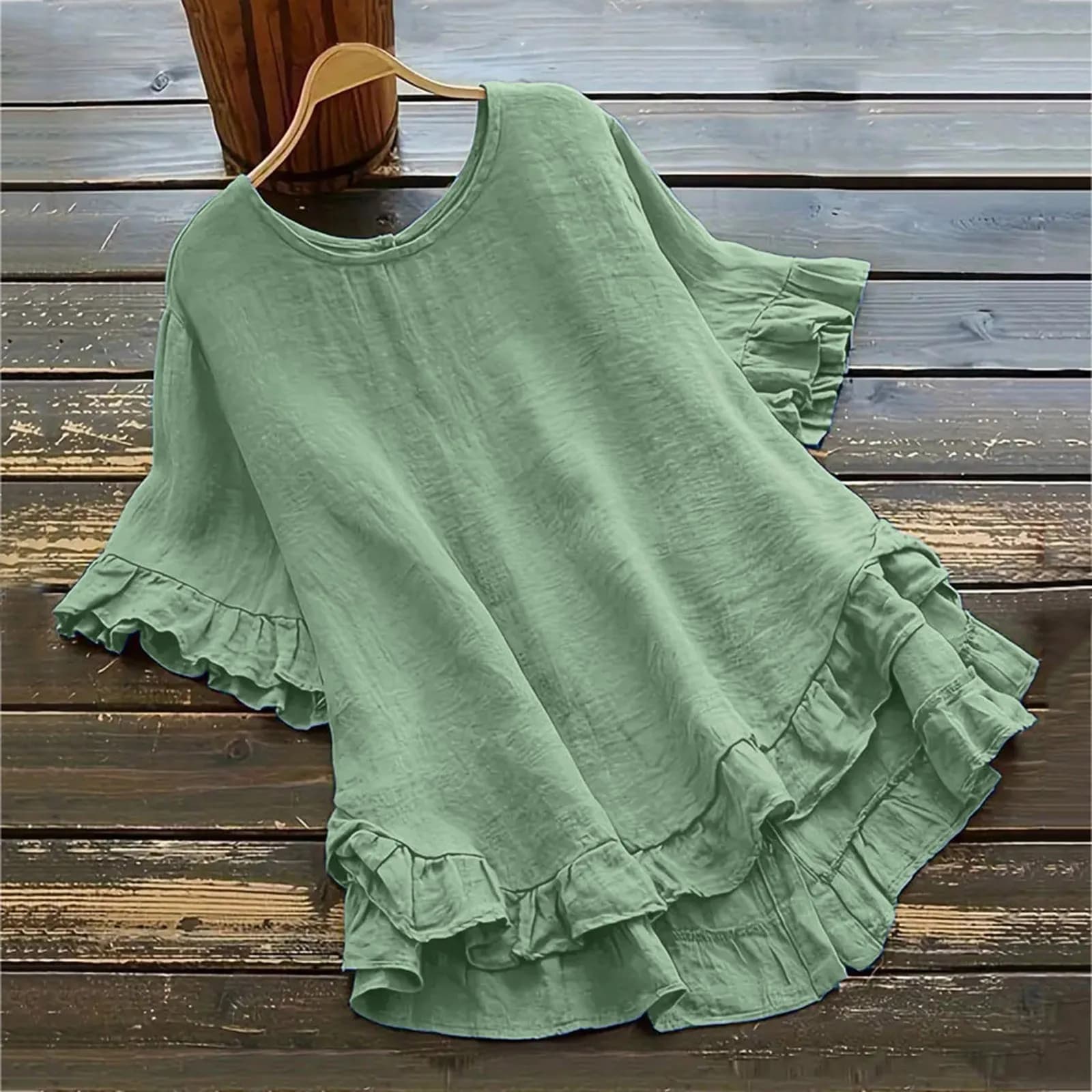 Chemisier en lin pour femme, printemps-été, à volants, couleur unie, manches courtes, col rond, en c