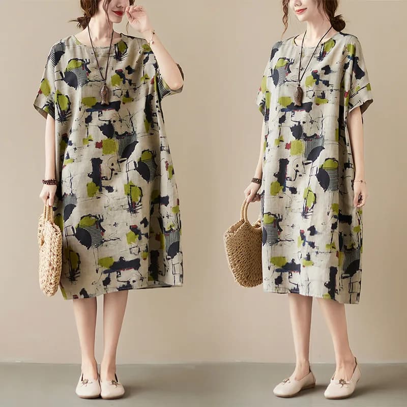 Nouvelle Robe d'été décontractée ample en coton et lin à manches courtes pour femme, imprimé vintage