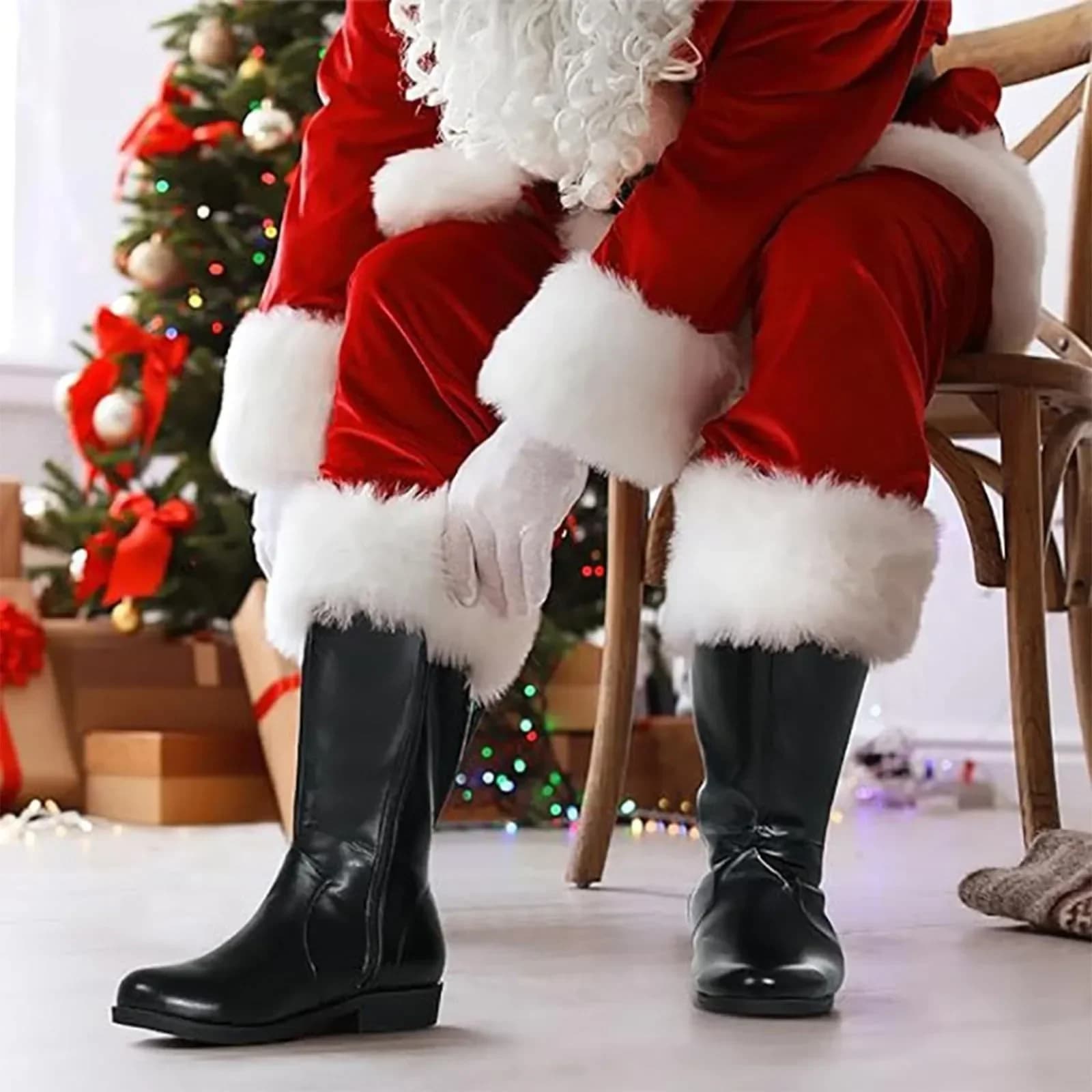 Bottes de noël pour hommes, chaussures de Cosplay en cuir noir, manchettes en peluche blanches, bott