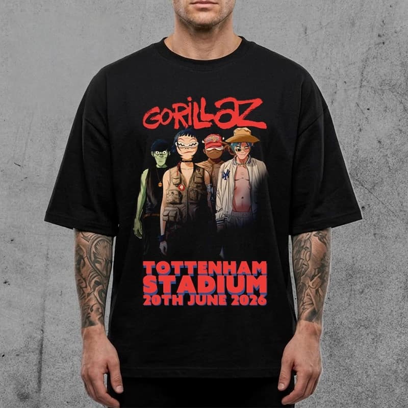 Gorillaz TOTTENHAM STADIUM 20TH JUNE 2026 Merch Summer T Shirt Coton Unisexe Hommes Femmes T-Shirt F