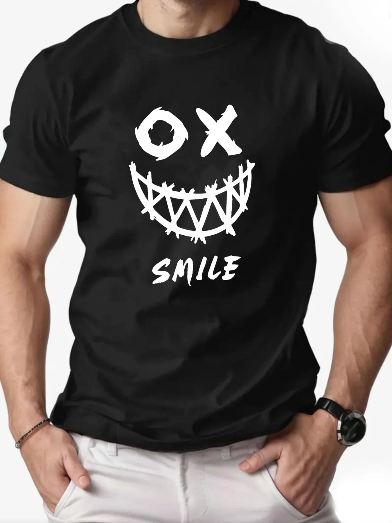 Hommes 100% coton T-shirt OX sourire Graffiti imprimé haut à manches courtes décontracté respirant é