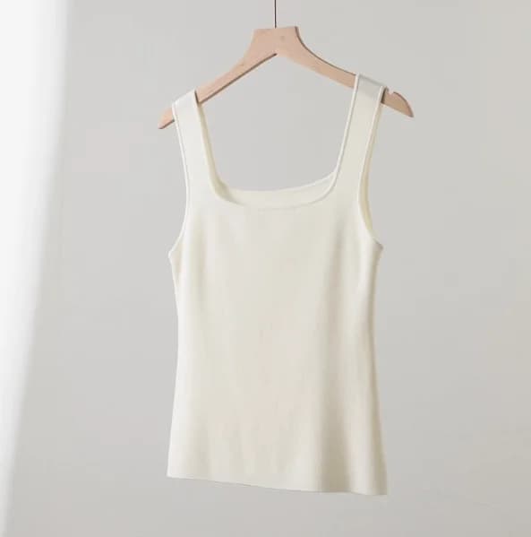 Camisole tricotée française à col carré 100 % laine mérinos super fine pour femme, coupe ajustée, él