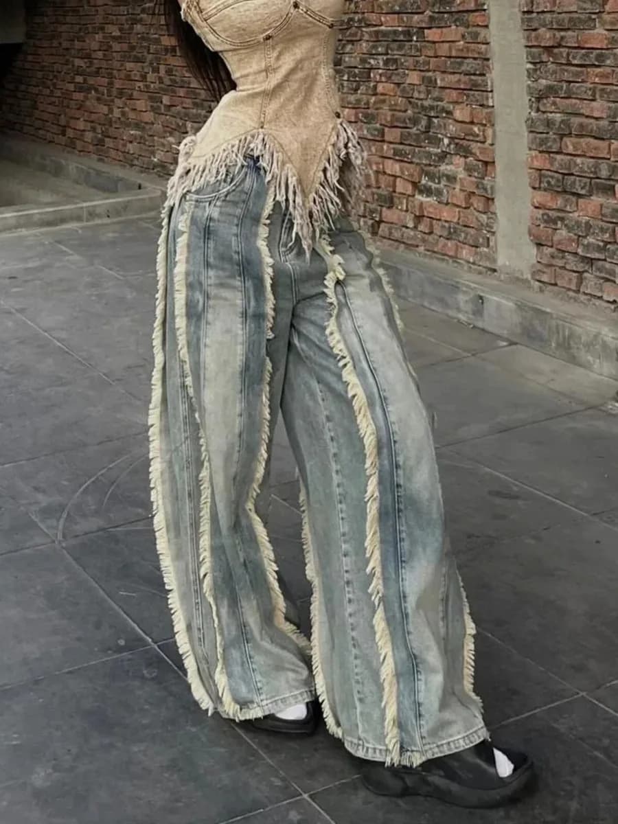 Jean Vintage Délavé Y2K pour Femme, Pantalon Baggy Japonais des Années 2000, Denim, Surintendant, Dé