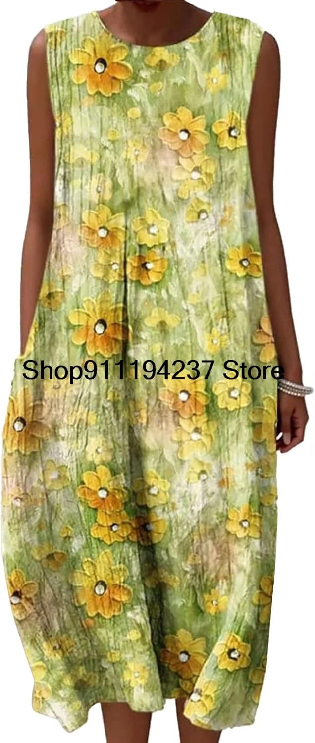 Robe en mousseline pour femmes, tenue de plage sans manches, col rond, tenue décontractée, été