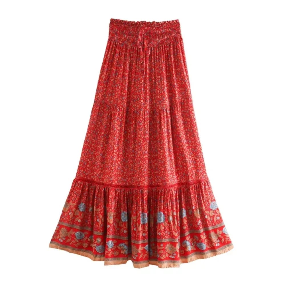 Happie Queens femmes rouge imprimé fleuri plage bohème jupe haute taille élastique rayonne coton Boh