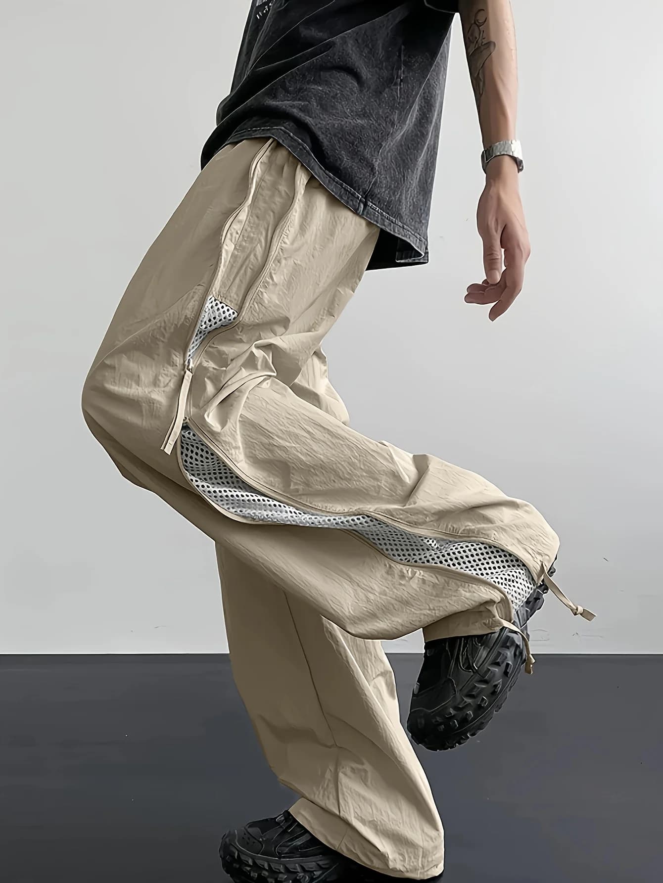 Pantalon de jogging pour homme avec fermeture éclair latérale, maille respirante, style parachute am