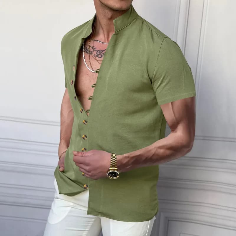 Chemise d'été 2025 rétro en chanvre pour homme à col montant et manches courtes