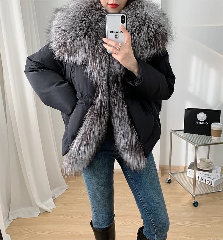 Doudoune en Duvet de Canard Blanc pour Femme, Manteau Super Large avec Col en Fourrure de Renard Arg