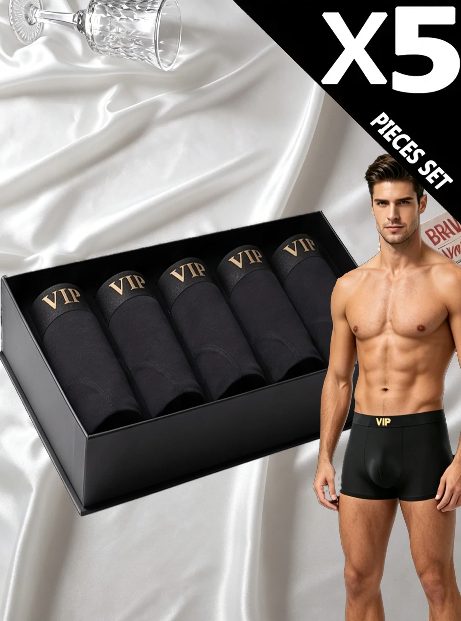Le lot de 5 sous-vêtements de luxe VIP pour hommes est composé de sous-vêtements noirs purs, doux, c