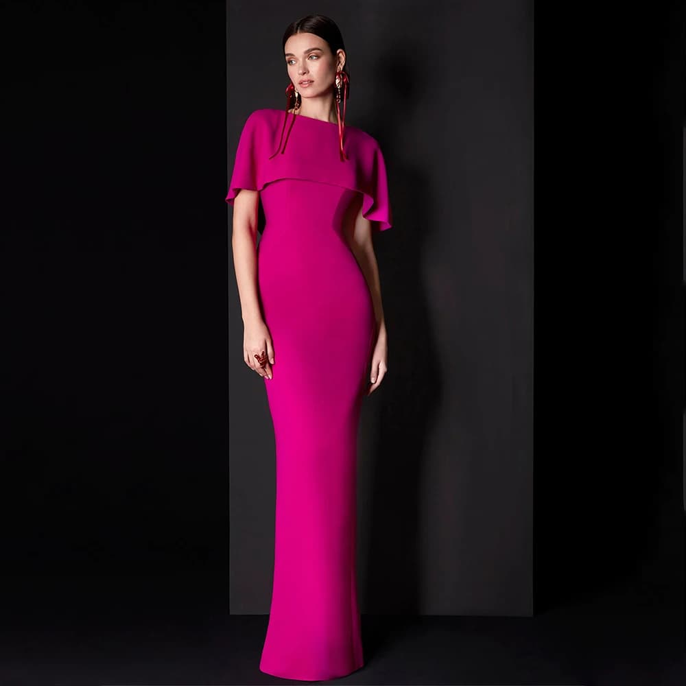 Robes d'invité de mariage pour femmes, col rond, cape, rose rouge, robe de soirée formelle, colonne,