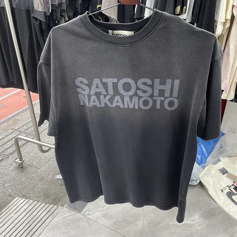T-shirt noir Satoshi Nakamoto pour homme et femme, streetwear délavé, manches courtes, décontracté,