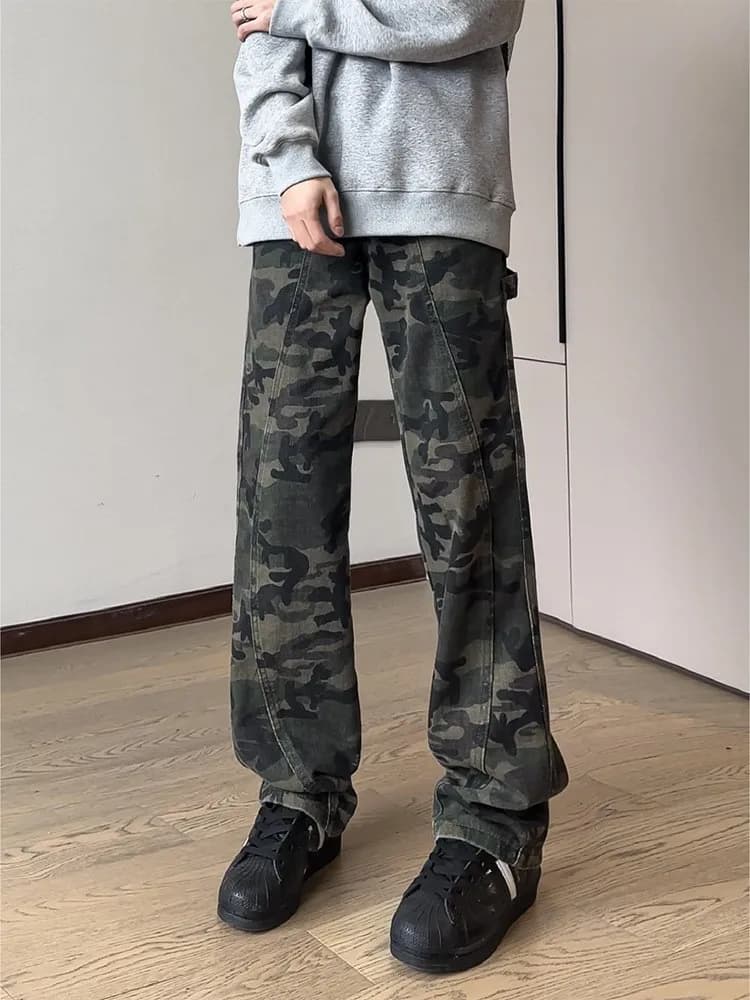 Nouveau Jean Camouflage Vintage pour Homme, Pantalon en Denim Lavé Décontracté à Coupe Ample et Jamb