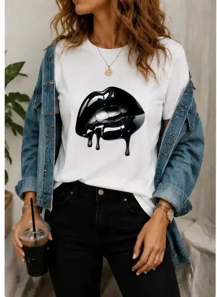 T-shirt surdimensionné pour femmes avec imprimé lèvres brillantes
