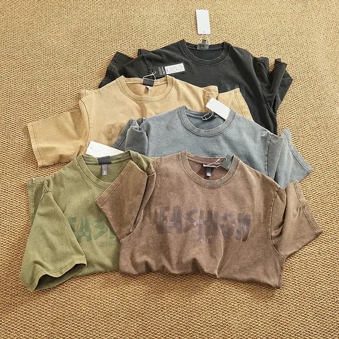 Lavage lourd pour faire vieux T-shirt homme manches courtes américain rétro ample batik coton col rond épaules dénudées demi manches T-shirt
