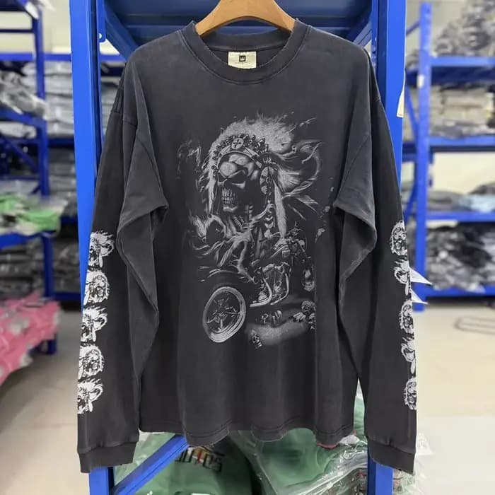 T-shirt Streetwear Tendance Côte Ouest Rétro Décontracté Ample Noir Délavé Imprimé Manches Longues Homme Femme