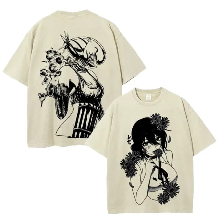 T-shirt Anime Chainsaw Man Reze Vintage Gothique Délavé Oversize Homme Femme Vêtements Manches Courtes Coton Hauts