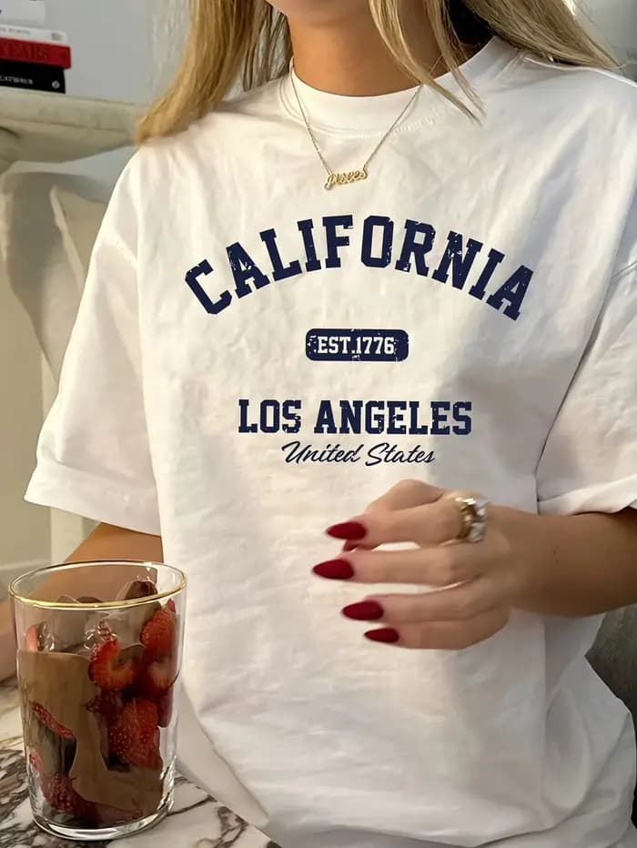 T-shirt graphique vintage pour femme, imprimé Californie Los Angeles EST 1776, col rond basique, man