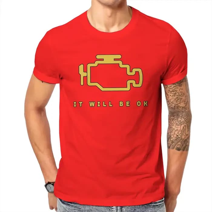 T-shirt à manches courtes pour hommes, en coton, à col rond, avec lumière de moteur, mécanique, répa
