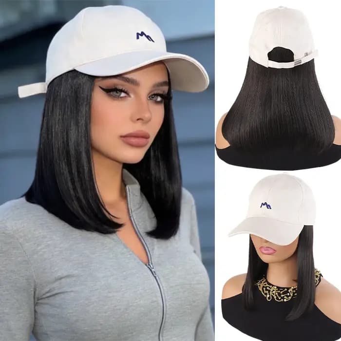Casquette de baseball beige avec cheveux synthétiques raides mi-longs – Chapeau perruque intégré pour femme
