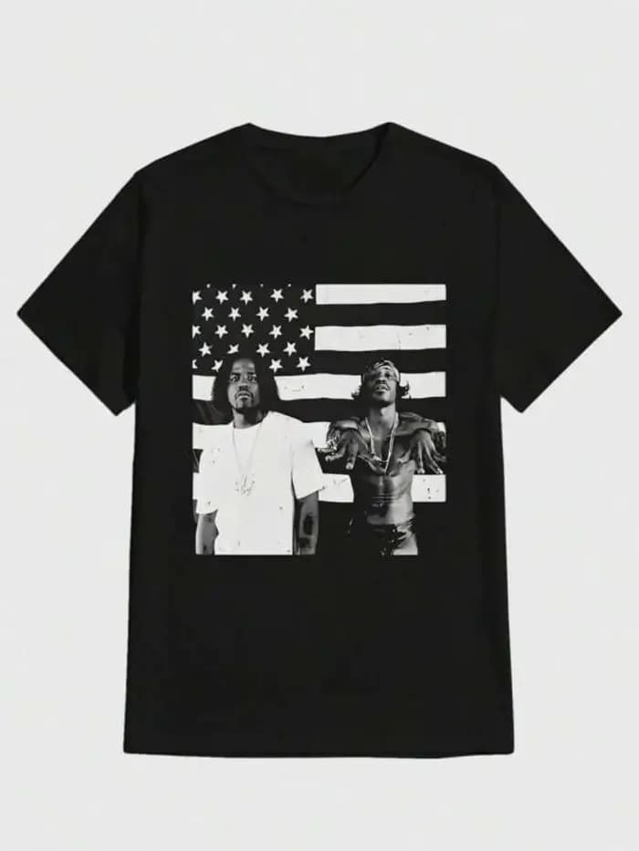 T-shirt décontracté avec un design rétro Outkast et un imprimé drapeau américain, en tissu pur et ré