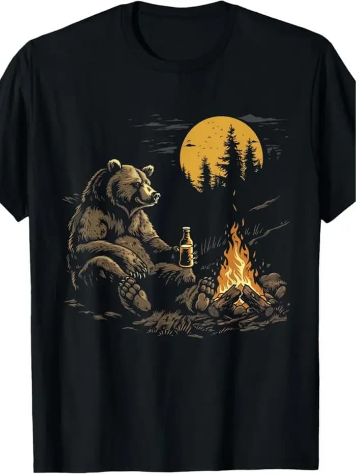 Hommes coton ours boire de la bière feu de camp graphique T-Shirt-noir à manches courtes décontracté chemise de Camping en plein air avec un Design d'ours drôle