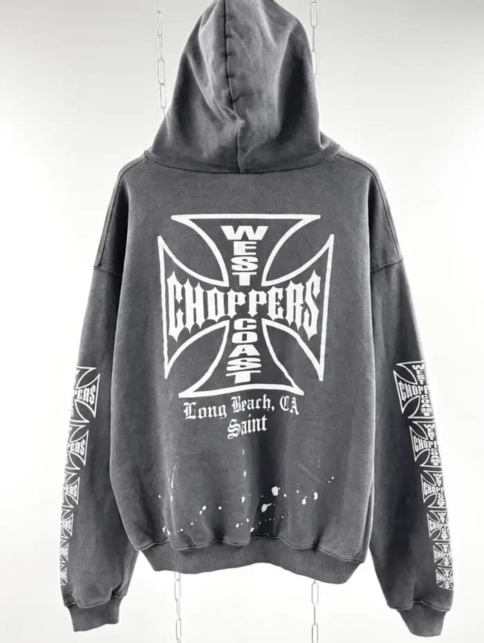 Sweat-shirt à capuche ample classique Y2k West Coast Choppers Skeleton Cross, effet délavé, coton de