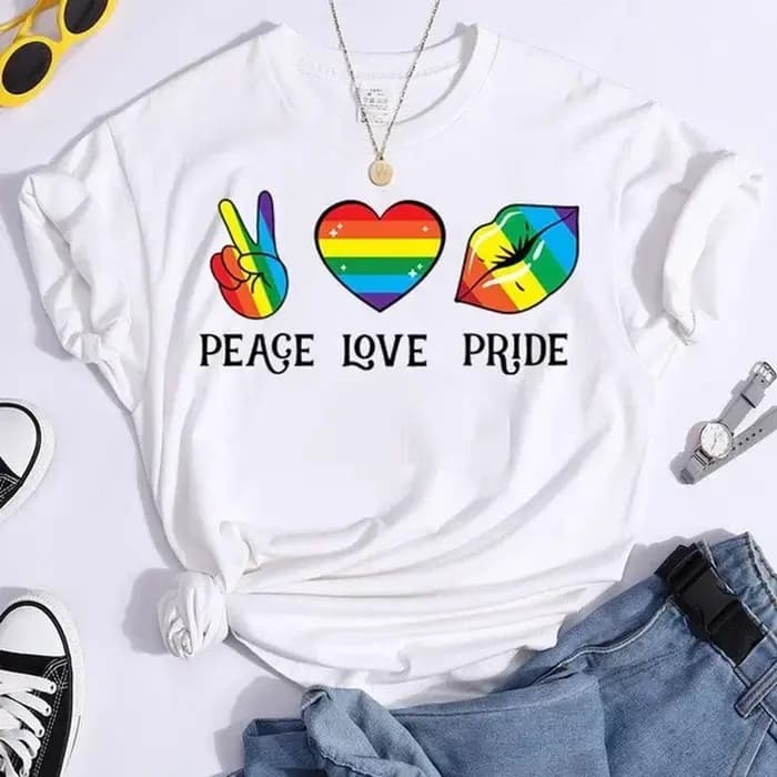 T-shirt manches courtes col rond femme, Peace Love Pride, coloré, imprimé