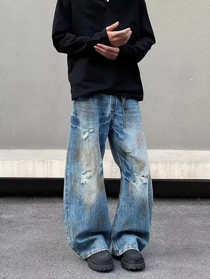 2000S vêtements Y2K Grunge vieux sale lavé bleu Baggy déchiré jean pantalon pour hommes 90S Vintage